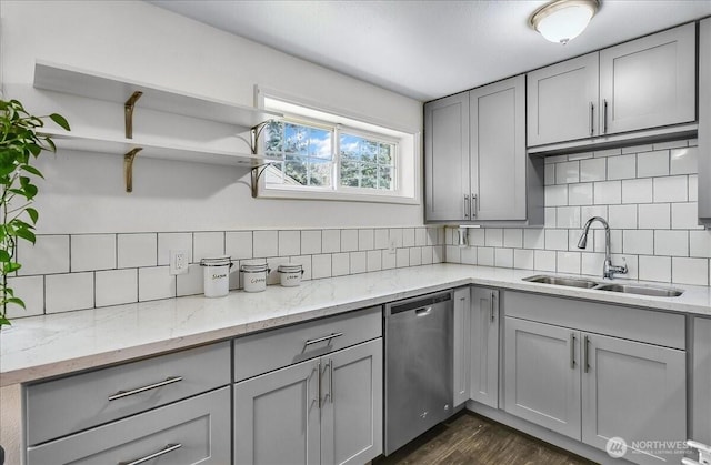 22609 58th Ave W, Mountlake Terrace, WA 98043 - kitchen with stainless steel dishwasher, gray cabinets, decorative backsplash, open shelves, and dark wood-type flooring