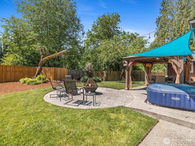 25107 Old Owen Rd, Monroe, WA 98272 - fenced backyard with an outdoor fire pit, a patio, and a gazebo