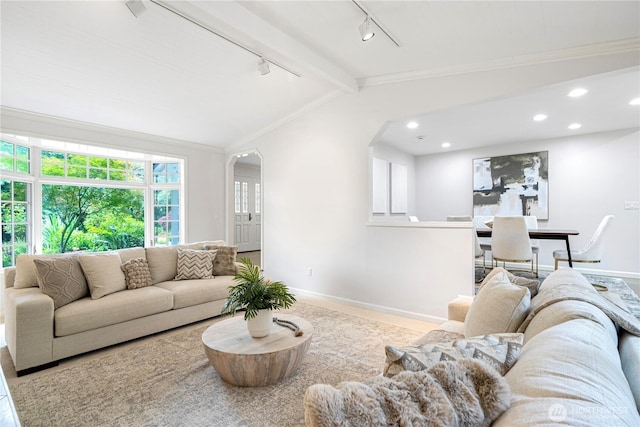 5265 140th Ave NE, Bellevue, WA 98005 - living room featuring track lighting, arched walkways, crown molding, and recessed lighting