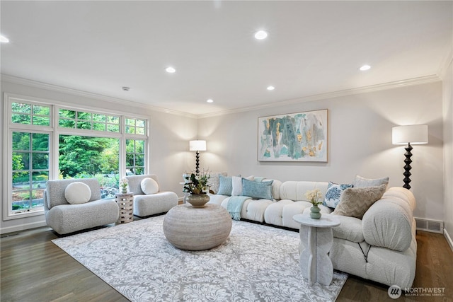 5265 140th Ave NE, Bellevue, WA 98005 - living area with crown molding, dark wood-style floors, and recessed lighting