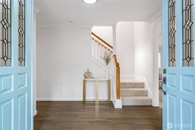 5265 140th Ave NE, Bellevue, WA 98005 - foyer entrance featuring stairway, wood finished floors, and ornamental molding