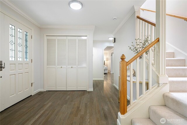 5265 140th Ave NE, Bellevue, WA 98005 - entrance foyer featuring stairs, crown molding, and dark wood-style flooring