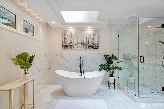 5265 140th Ave NE, Bellevue, WA 98005 - full bathroom with marble tiled flooring, tile walls, a soaking tub, a marble finish shower, and recessed lighting