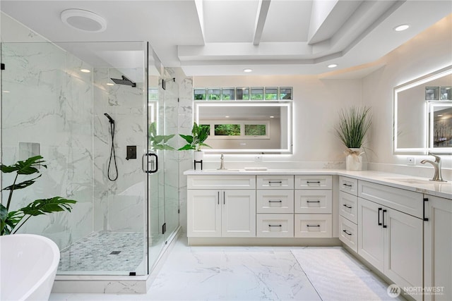 5265 140th Ave NE, Bellevue, WA 98005 - full bath with marble finish floors, vanity, a marble finish shower, a freestanding bath, and recessed lighting