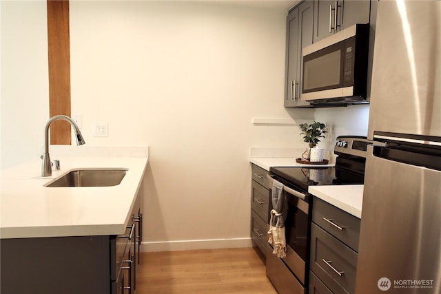147 S 329th Pl Unit A, Federal Way, WA 98003 - kitchen featuring appliances with stainless steel finishes, light wood finished floors, light countertops, gray cabinetry, and a peninsula