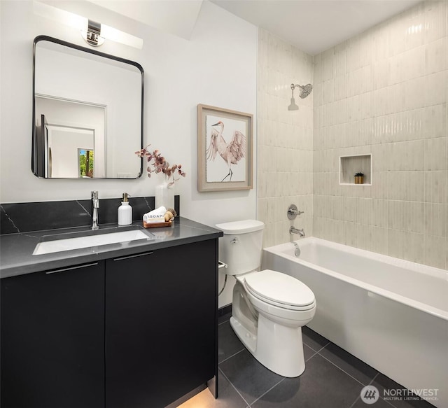 9047 Dibble Ave NW, Seattle, WA 98117 - bathroom with vanity, tile patterned flooring, and tub / shower combination