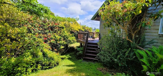 2904 271st St, Ocean Park, WA 98640 - view of grassy yard featuring a wooden deck and stairway