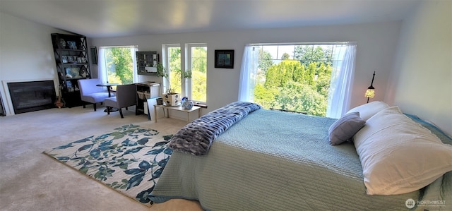 2904 271st St, Ocean Park, WA 98640 - bedroom featuring carpet flooring, a glass covered fireplace, and lofted ceiling