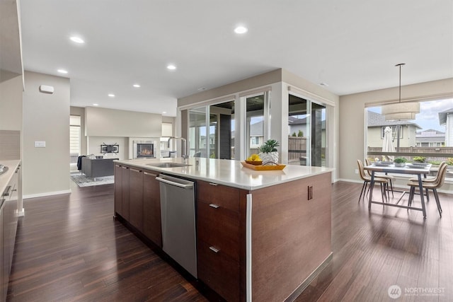 13506 196th Ave SE, Monroe, WA 98272 - kitchen with stainless steel dishwasher, modern cabinets, light countertops, dark wood finished floors, and recessed lighting