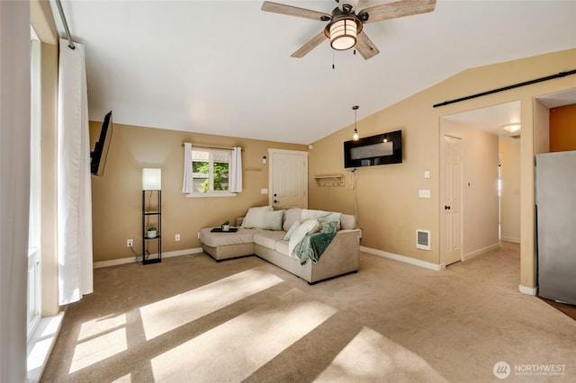 13020 W Loop View Dr, Granite Falls, WA 98252 - living room featuring ceiling fan, vaulted ceiling, and carpet floors