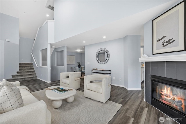 4714 Fairwood Blvd NE Unit 1301, Tacoma, WA 98422 - living area with wood finished floors, stairway, a fireplace, and recessed lighting