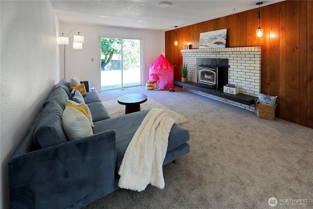 4036 Debbie Ct SE, Olympia, WA 98501 - living room featuring wooden walls, carpet flooring, and a textured ceiling