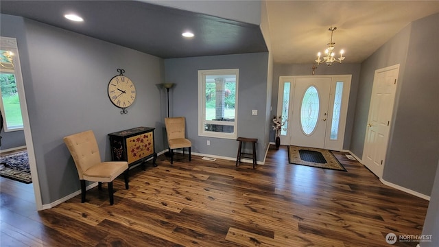 1225 98th Ln SE, Olympia, WA 98501 - foyer with dark wood-type flooring, a chandelier, recessed lighting, and lofted ceiling