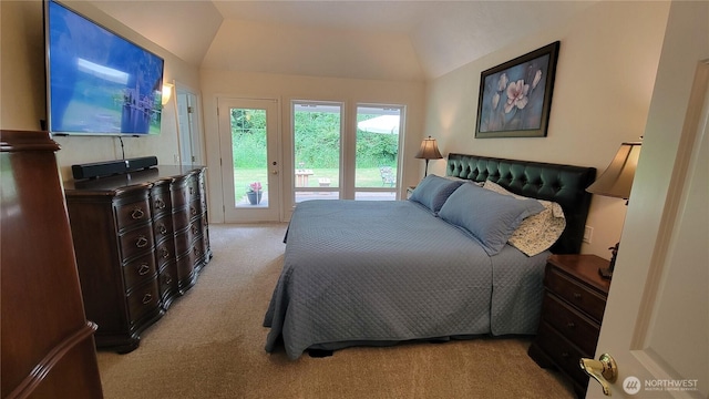 1225 98th Ln SE, Olympia, WA 98501 - bedroom featuring light carpet, access to outside, and vaulted ceiling