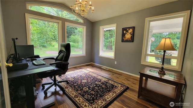 1225 98th Ln SE, Olympia, WA 98501 - office space featuring a chandelier, dark wood-type flooring, and lofted ceiling