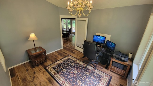 1225 98th Ln SE, Olympia, WA 98501 - office featuring a chandelier, wood finished floors, and lofted ceiling