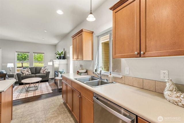 5611 Balustrade Blvd SE, Lacey, WA 98513 - kitchen featuring stainless steel dishwasher, open floor plan, light countertops, recessed lighting, and decorative light fixtures