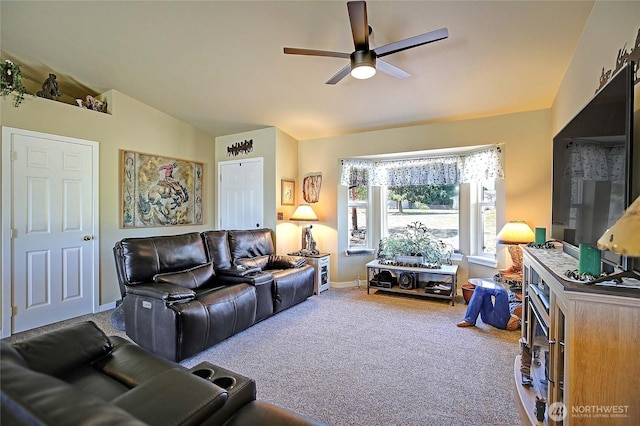 1985 Elhardt St, Camano Island, WA 98282 - carpeted living area with a ceiling fan and vaulted ceiling