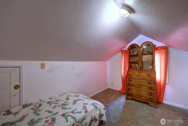 218 SW 15th St, Long Beach, WA 98631 - bedroom featuring a textured ceiling, lofted ceiling, and carpet flooring