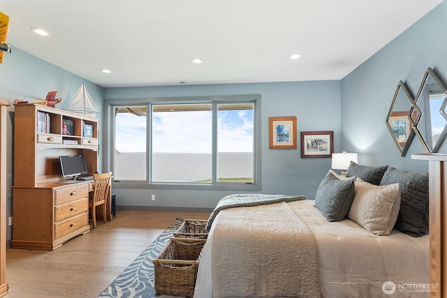 181 Utsalady Rd, Camano Island, WA 98282 - bedroom featuring light wood finished floors, a desk, and recessed lighting