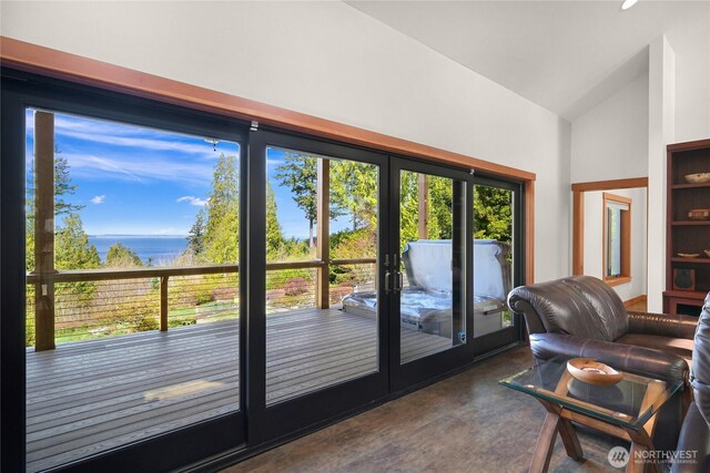229 Chuckanut Point Rd, Bellingham, WA 98229 - doorway to outside with a water view, french doors, and high vaulted ceiling