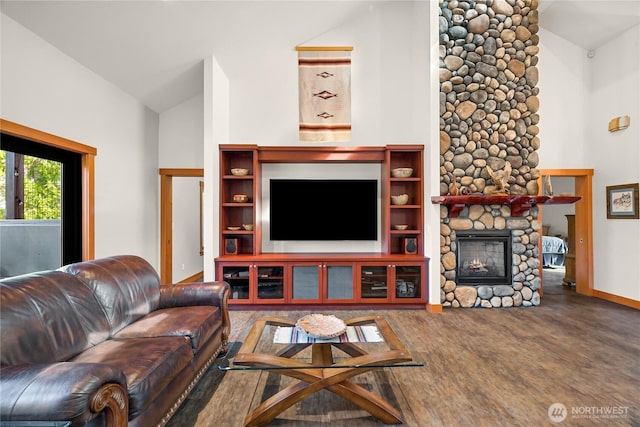 229 Chuckanut Point Rd, Bellingham, WA 98229 - living room featuring wood finished floors, high vaulted ceiling, and a stone fireplace