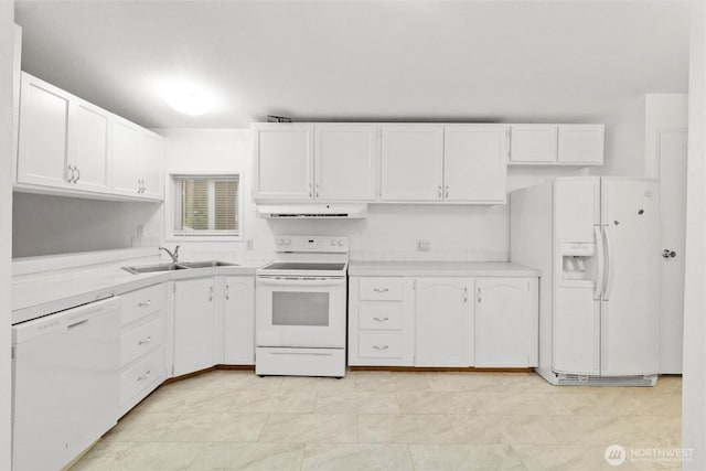 8363 Holly Ln, Maple Falls, WA 98266 - kitchen featuring white appliances, white cabinets, light countertops, and range hood