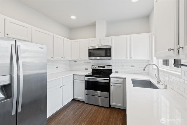 8629 240th St SW Unit B4, Edmonds, WA 98026 - kitchen featuring stainless steel appliances, dark wood-style flooring, white cabinets, decorative backsplash, and recessed lighting