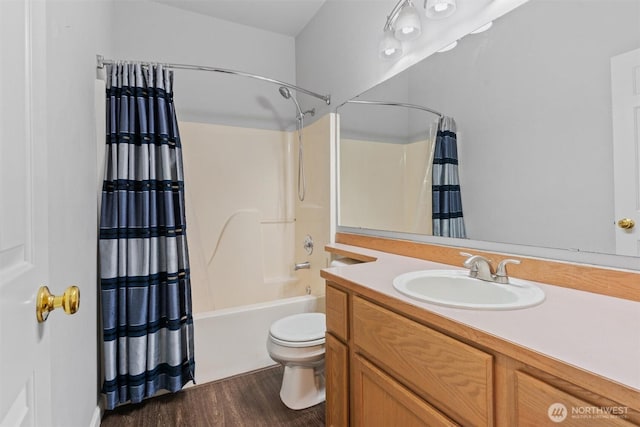 8629 240th St SW Unit B4, Edmonds, WA 98026 - bathroom featuring shower / tub combo with curtain, vanity, and wood finished floors