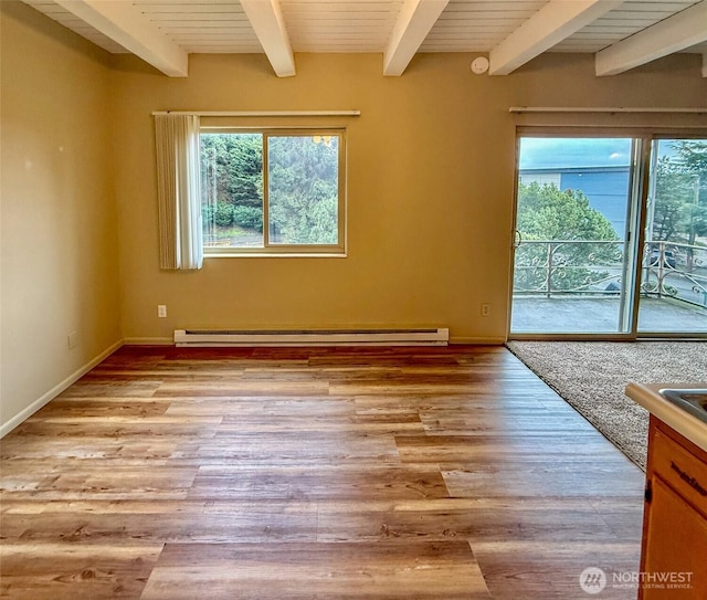 2222 Gilman Dr W, Seattle, WA 98119 - spare room featuring baseboard heating, beamed ceiling, and light wood-type flooring