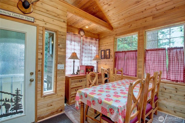44664 Similk Trl, Concrete, WA 98237 - tiled dining room featuring wooden walls and a wood ceiling with exposed beams