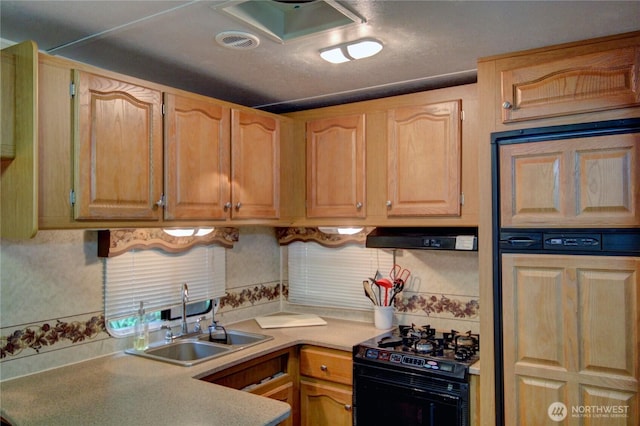 44664 Similk Trl, Concrete, WA 98237 - kitchen with black gas range, range hood, backsplash, and light countertops