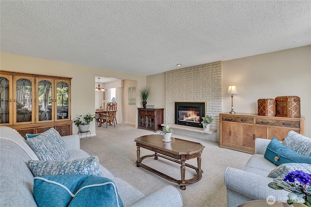 1728 N James St, Tacoma, WA 98406 - living room with carpet, a textured ceiling, and a brick fireplace