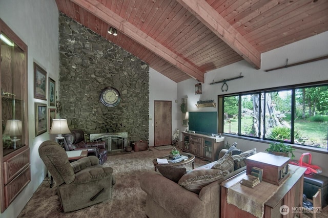 13273 W Cloquallum Rd, Elma, WA 98541 - living area with a wooden ceiling with exposed beams, a fireplace, and high vaulted ceiling