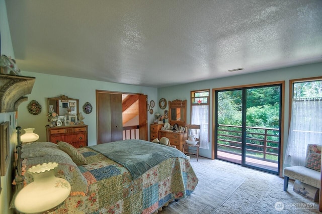 13273 W Cloquallum Rd, Elma, WA 98541 - carpeted bedroom featuring access to outside, multiple windows, and a textured ceiling