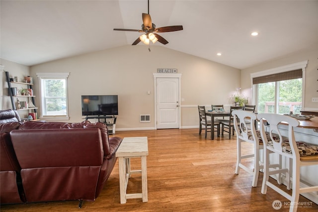 755 Island Cir SE, Ocean Shores, WA 98569 - living area featuring light wood-type flooring, a ceiling fan, lofted ceiling, and recessed lighting