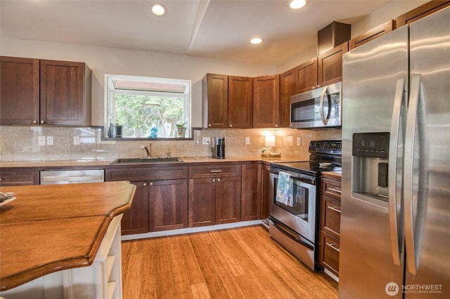 755 Island Cir SE, Ocean Shores, WA 98569 - kitchen featuring stainless steel appliances, light wood finished floors, wooden counters, recessed lighting, and backsplash