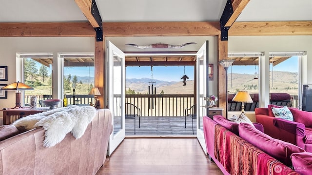 767 Bill Shaw Rd, Pateros, WA 98846 - living area with beamed ceiling and a mountain view