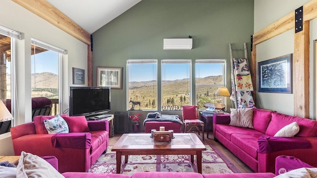 767 Bill Shaw Rd, Pateros, WA 98846 - living area with high vaulted ceiling, wood finished floors, and a wall unit AC