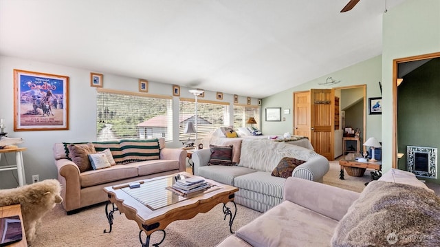 767 Bill Shaw Rd, Pateros, WA 98846 - living room featuring carpet, lofted ceiling, and a ceiling fan