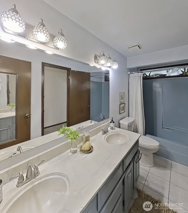 8037 Incline Dr SE, Olympia, WA 98513 - bathroom featuring double vanity, tile patterned floors, and shower / tub combo with curtain