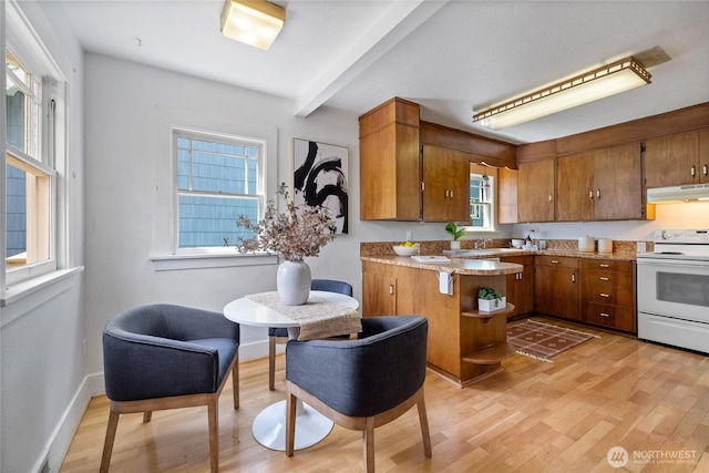 4335 Fawcett Ave, Tacoma, WA 98418 - kitchen featuring white electric range oven, under cabinet range hood, brown cabinets, light wood-style floors, and plenty of natural light