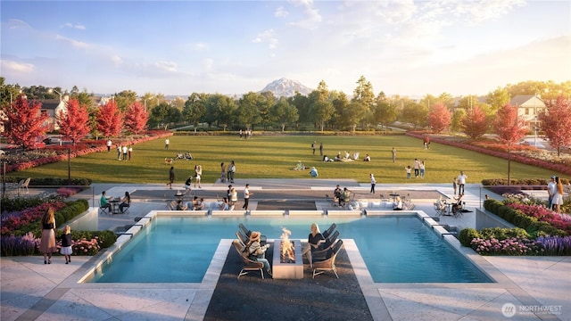 13936 178th St E Unit 85, Puyallup, WA 98374 - view of swimming pool featuring an infinity pool, a yard, a patio, and a mountain view