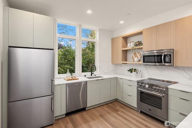 1615 N 50th St Unit A, Seattle, WA 98103 - kitchen featuring appliances with stainless steel finishes, backsplash, recessed lighting, light wood-type flooring, and open shelves