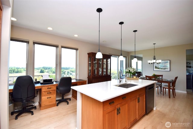 771 Brigadoon Blvd, Sequim, WA 98382 - kitchen featuring dishwasher, light wood-style floors, plenty of natural light, decorative light fixtures, and recessed lighting
