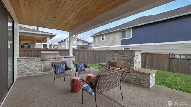23000 SE Sycamore St, Black Diamond, WA 98010 - fenced backyard with an outdoor stone fireplace, area for grilling, and a patio area