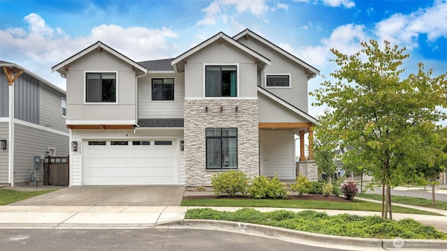 23000 SE Sycamore St, Black Diamond, WA 98010 - view of front facade featuring stone siding, concrete driveway, a garage, and stucco siding