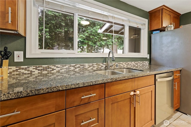19031 SE 266th St, Covington, WA 98042 - kitchen featuring dishwasher, brown cabinetry, dark stone counters, and light tile patterned flooring