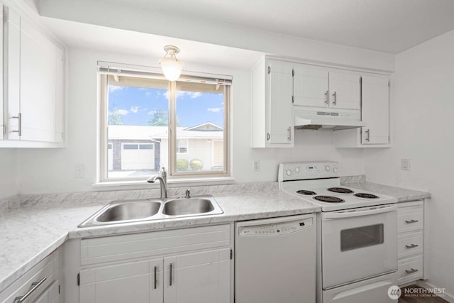 1202 Nelson St, Sedro Woolley, WA 98284 - kitchen featuring white appliances, under cabinet range hood, white cabinetry, and light countertops