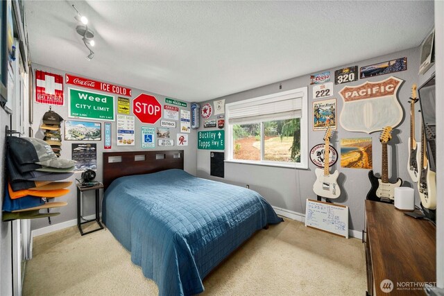 2505 211th Ave E, Lake Tapps, WA 98391 - bedroom featuring carpet floors, a textured ceiling, and track lighting